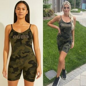 Guess Green Camo Romper Jumpsuit Bodysuit Rhinestone Logo Sleeveless